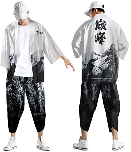 Generico Kimono estivo da uomo, 2 pezzi, tuta sportiva a maniche corte, maglietta funzionale, pantaloncini, accappatoio giapponese, classico, cardigan classico, giacca classica