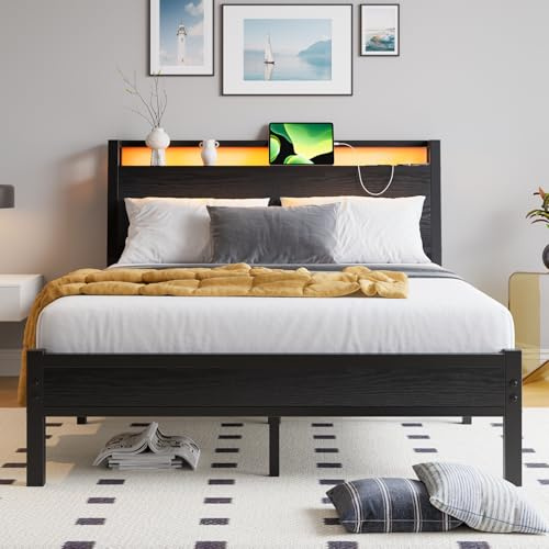 ZGEHCO Full Size Bed Frame with Ergonomic Storage Headboard & Charging Station,LED Lights Double Bed Frame Full Metal Platform Bed Frame No Box Spring Needed, Heavy Duty Steel Slats,Noise Free,Black