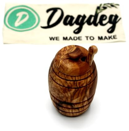 DAGDEG Pot à miel en bois d’olivier avec couvercle et cuillère – Récipient à miel artisanal, fait main, naturel et décoratif – Idée cadeau rustique