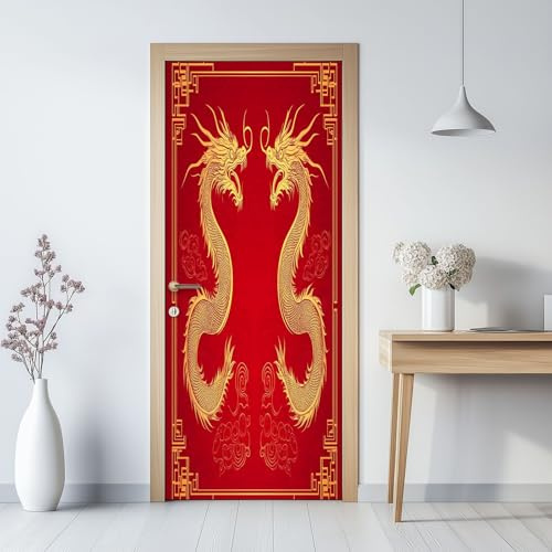 Dörr tapeter 3d självhäftande kinesisk retro drakmönster dörrposter dörrklistermärken, röd vattentät avtagbar dörrfolie fototapet vardagsrum sovrum badrum 80 x 200 cm (B x H)