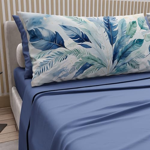 PETTI Artigiani Italiani - Parure de Draps en Coton pour Lit Double Maxi avec Taies d’Oreiller et Drap Housse 180x200, Motif Palmier Bleu, 100% Fabriqué en Italie