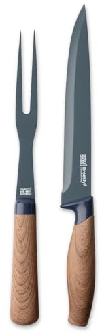 Taylors Eye Witness Brooklyn Walnut 2-Piece Carving Knife & Fork Set – Professional Stainless Steel Kitchen Knife Set for Meat, Turkey & Roasts. Nonstick Blades with Walnut-Effect Soft Touch Handles