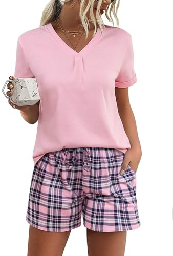 Jezonga Pyjamas Femme Ete Coton Ensembles de Pyjama Court | Vêtements de Nuit Manches Courtes Col V avec Poches Latérales