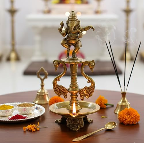 eSplanade - Messing Diya | Öllampe Diya Deepam Lampen Kuthu Vilakku | Wohnkultur | Lampen für Zuhause und Büro (Tanz Ganesha)