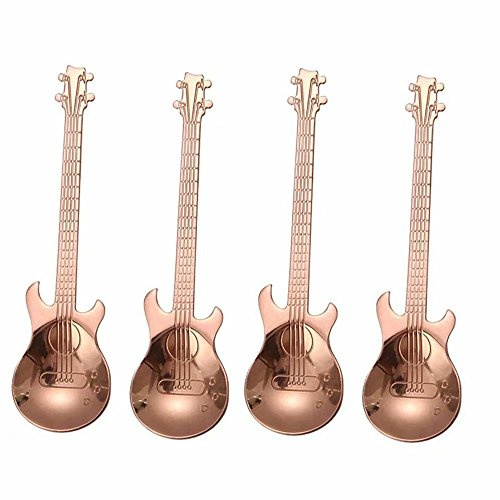 Frolahouse Lot de 4 cuillères à café en acier inoxydable en forme de guitare, pour thé, soupe, sucre, dessert, apéritif, assaisonnement, bistro, or rose
