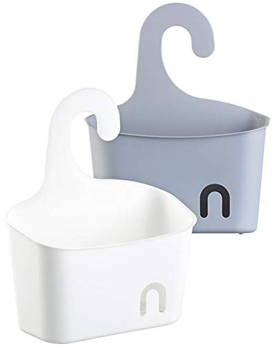 BadeStern Seifenkörbe: 2er-Set Duschkörbe mit Aufhänge-Haken und Ablaufgitter, grau und weiß (Duschkorb Plastik, Hänge-Duschablage, Regal)