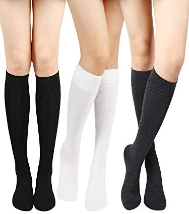 SATINIOR 3 Paires Chaussettes Hautes en Coton Femmes Chaussettes Contention Longues Montante sans Couture Femmes Élastiques pour Sport Travail Voyage Quotidien(Noir, Gris Foncé, Blanc,Taille Unique)
