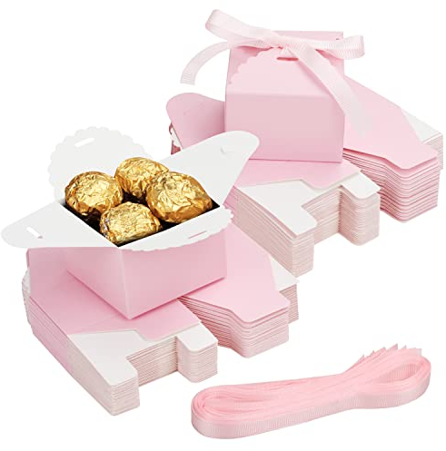 Belle Vous 60Stk Geschenkbox Klein Karton Box Set Pink mit Geschenkband - 6,5 x 6,5 x 4,5 cm Gastgeschenke Geburtstag Box Pappe – Party Geschenkbox Hochzeit, Geburtstag, Braut-/Babyparty