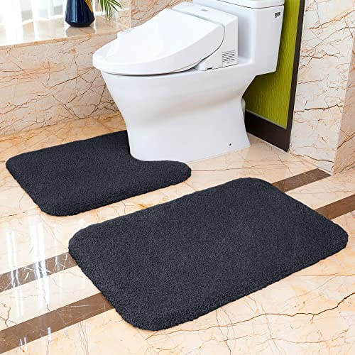 VANZAVANZU Rutschfestes Badematten-Set, verdickt, saugfähig, ultraweich, WC-Vorleger, flauschiger Mikrofaser-WC-Vorleger, 50 x 80 cm und 50 x 60 cm, U-Form (schwarz)