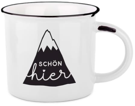 Vintage-Becher aus Keramik im Emaille-Look, Schön hier, 400 ml | Mit tiefgeprägtem Schriftzug und Geschenkbox - 39 Designs, spülmaschinen- und mikrowellengeeignet