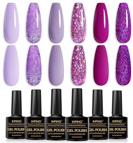 INPING UV Nagellack Violett, 6 Stück Frühlingspastell Lila Gel Nagellack Set, Glitzer Flieder Weiches Licht Schimmer Glitzernd Purple Langlebige Gelnägel Soak Off UV für Maniküre Nagelstudio