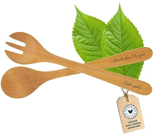 HOFMEISTER® Salatbesteck mit personalisierter Gravur des Namens oder Spruch, nachhaltiges Geschenk, Hochzeit, Made in Europe, 2-teilig, Salatlöffel & Salatgabel, Salatbesteck-Set aus Kirschholz, 35 cm