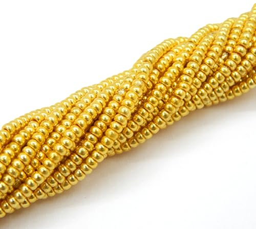 Perlin 4500 Stück Rocailles Perlen Indianerperlen Saatperlen Miniperlen 2mm Preciosa Ornela Tschechische 11/0 Glasperlen auf Mehreren Strängen Gold Luster Silbereinzug