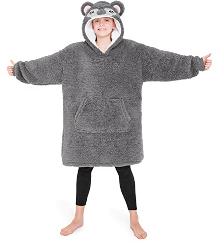 CityComfort Oversize Pull Plaid Enfant Fille Douce Couverture à Capuche Sherpa Douillette Sweat Ado Idée Cadeau (Gris Koala)