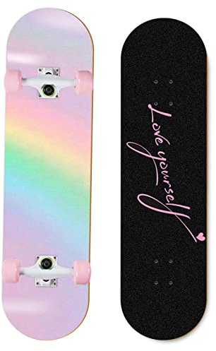 Skateboard pour Filles, Adultes, Adolescents, Filles, garçons, 7 Couches en érable 80 x 20 cm, Arc-en-Ciel avec Sac à Dos (Rose Arc-en-Ciel)