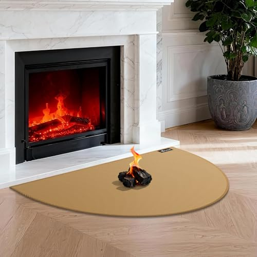 FLASLD Feuerfeste Kaminmatte 71×121cm Halbrunder Herdteppich Schützt Böden vor Funken Glut, Braun
