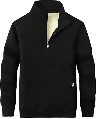 Jamron Hombre Invierno Cuello Alto Sudadera de Forro Polar con Media Cremallera Térmica Pullover Suéter con 2 Bolsillos Negro L