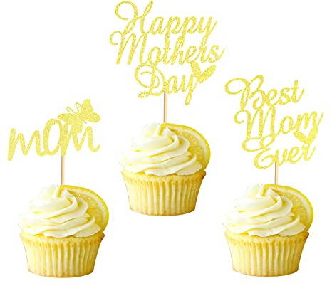 Arthsdite Happy Mothers Day Cupcake Topper Best Mom Ever with Butterfly Cupcake Picks Muttertag Kuchen Dekoration Party Dekoration Supplies - Gold Glitter
