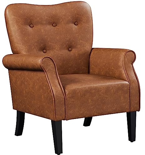 Yaheetech Modern Armchair, Mid Century PU Leather Accent Chair with Sturdy Wood Legs and High Back for Small Space, Upholstered Sofa Club Chair for Living Room/Bedroom/Office, Retro Brown