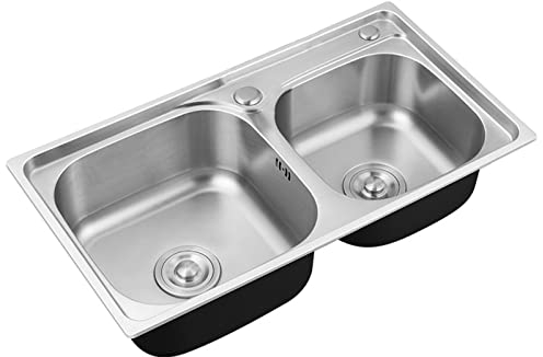 Küchenspüle, Doppelwaschbecken, geeignet als Aufsatz- und Unterbau-Spüle für Küche, Hof, Büro, Bar, große Dicke Edelstahlspüle (Farbe: Silber, Größe: 72 x 38 cm)