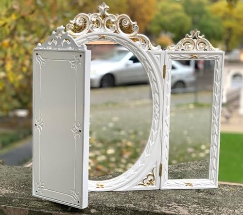 Generisch Wohnzimmerspiegel Weiß Gold Schminkspiegel Antik Dekorativer Kosmetikspiegel 60cm Spiegel klappbar Wandspiegel Antik Oval Rechteckig Badspiegel Tischspiegel Shabby Deko C508 WEIß