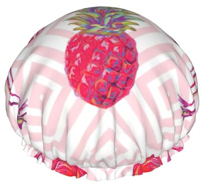 WURTON Duschhaube mit Flamingo-Ananas-Druck, leicht, für Damen, doppelte wasserdichte Schichten, atmungsaktiv
