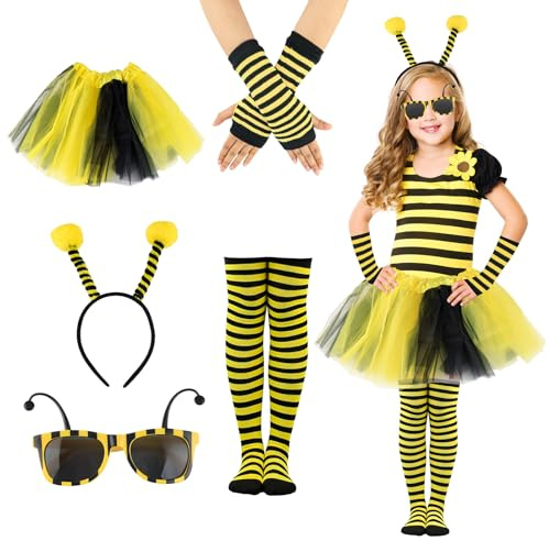 Costume d'abeille, pour fille, costume de maya l'abeille, costume de carnaval, bandeau d'abeille, jupe en tulle, chaussettes rayées, gants longs, lunettes d'abeille, déguisement de carnaval pour femme