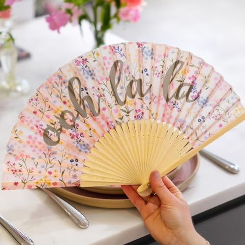 Talking Tables Floral Folding Hand Fan, Bamboo Handheld Fan with Ditsy Print & 'Ooh la la' Calligraphy, in Organza Bag, Designed in the UK