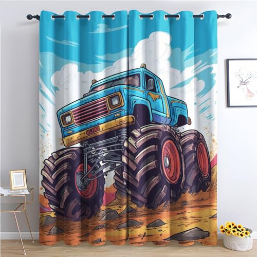 Monster Truck Vorhänge, Verdunklungsvorhänge mit Muster Kinder Jungen Cartoon, Vorhang Blickdicht mit Ösen, Gardinen für Wohnzimmer Schlafzimmer Kinderzimmer Deko 2er Set - 175x140 (H X B) (Wn-&12)