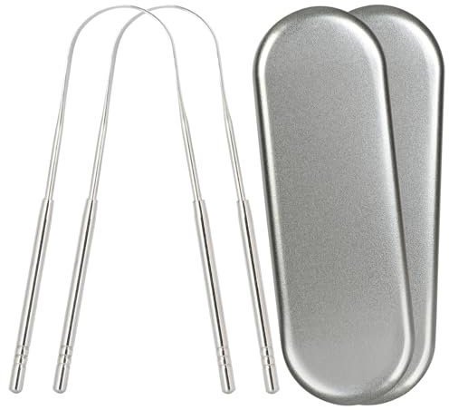 Gaia Guy Raschietto per lingua in acciaio inox con custodia in metallo, confezione da 2, senza plastica, per adulti, pulisci lingua per l'igiene orale e la cura della terra