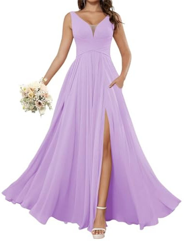 Vestido de dama de honor con cuello en V para mujer, de gasa, fruncido, formal, vestido de noche con limo, Lila, 36