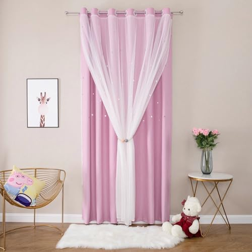 Bishilin Verdunklungsvorhänge mit Ösen Rosa, Vorhänge Blickdicht 2er Set Doppellagig mit Sternen Motiv 102x244CM Gardinen Verdunkelnd Schlafzimmer Kinderzimmer Jugendzimmer