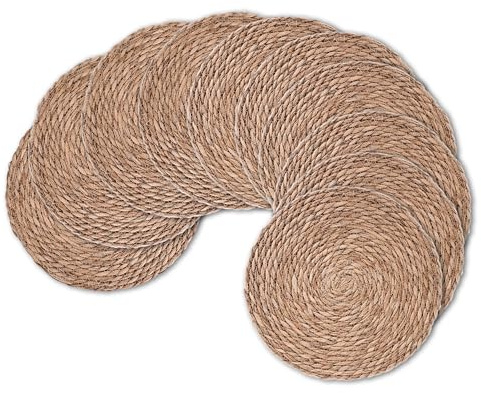 Juego de 10 manteles individuales redondos tejidos, manteles individuales de ratán bohemio de 12 pulgadas, hechos a mano, tapete de paja de agua natural, manteles individuales de tejido de granja,