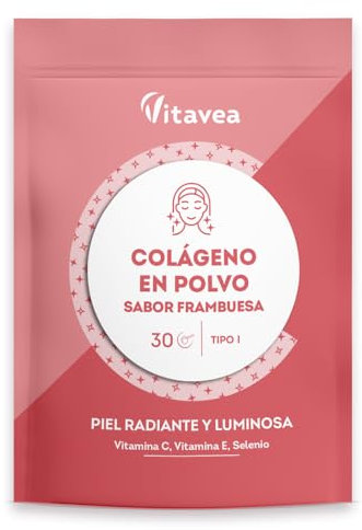 Hoch Effizientes Kollagenpulver mit Himbeergeschmack - Kollagen Peptide Typ 1 - Vitamin C, Vitamin E, Selen – Für strahlende junge Haut - 3400 mg hydrolysiertes Kollagen pro Dosis – Vitavea