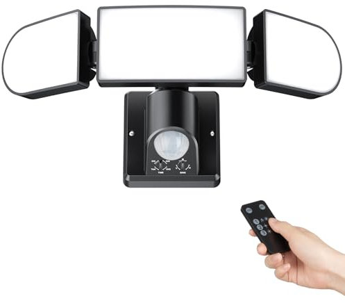 Ushine 35W Security Lights Motion Sensor, 6000LM LED Floodlights with PIR Remote Control, IP65 Waterproof Outdoor Sensor Light & 3 Adjustable Heads for Garage, Yard - Black