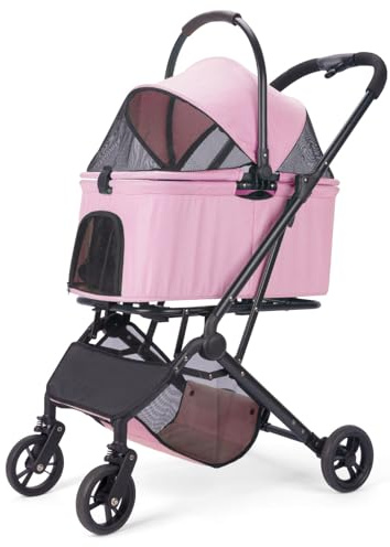 2-in-1-Hundebuggy mit abnehmbarem Tragekorb, faltbarer Welpenwagen mit 4 schnellen Rädern, minimalistischer Haustier-Kinderwagen mit Aufbewahrungstasche für mittelgroße und kleine Hunde (Pink)