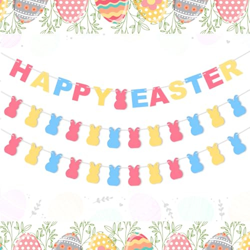Oeyliz Easter Banner Happy Easter Garland 3PCS Colorful Felt Garland DIY Bunny Decorations Hanging Banner Wall Decorations Mantle Home Office School Party Supply