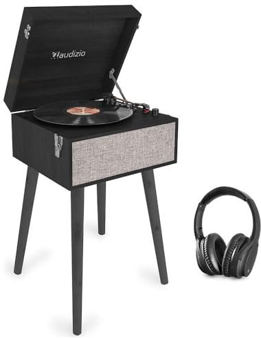 Audizio Fremont Retro Record Player with Legs, Wireless Headphones, Built-in Speakers, Bluetooth, USB MP3 Conversion, and 3-Speed Vinyl Playback – Black Turntable on Legs | record player on stand