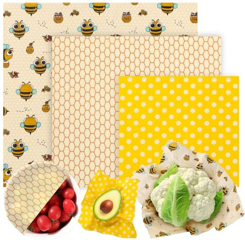 Beeswax Food Wraps Set of 3 | Food Covers & Reusable Sandwich Bag, Eco-Friendly Wax Paper Sheets & Bread Bags & Cheese Storage | Sustainable, Green Kitchen Gift Set for Food Storage