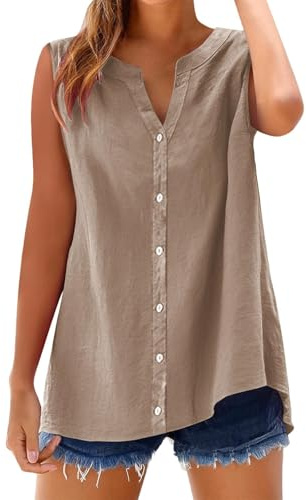 Camisa sin Manga Mujer Algodón Lino Verano Camisetas de Tirantes Blusa Moda Color sólido Casual Chaleco Ligero Transpirable Tank Tops Cuello en V Botones Fiesta Playa Camisa Suelto tee 2025