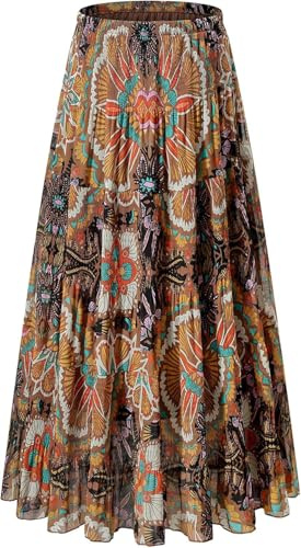 Bascabeen Dam kjolar elastisk hög midja maxi chiffongkjolar för kvinnor med foder sommar vintage lång elegant A-linje strandkjol, Blomma 2, L