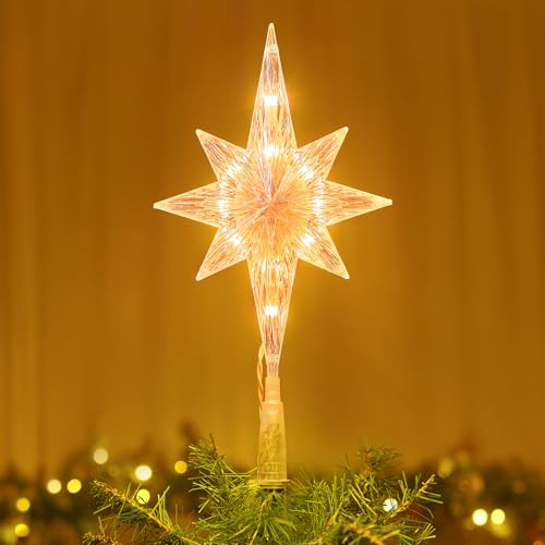 Brightown Christmas Tree Topper Star Lighted Transparency Bethlehem Hexagram 3D Pentagram Built-in 10 Bulbs Christmas Tree Star Topper Plug in Vintage Indoor Office Xmas Decorations Holiday Decor