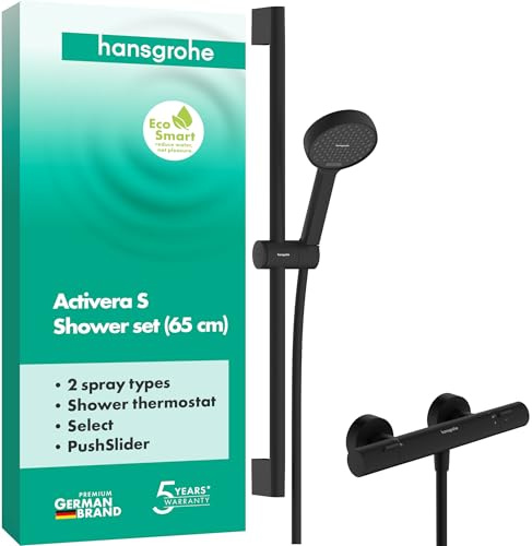 hansgrohe Activera Select S - Set de douche avec mitigeur thermostatique Ecostat Fine, pomme de douche max. 8 l/min (EcoSmart), barre (65 cm), tuyau de douche (1,60 m) et support,noir mat, 28876670