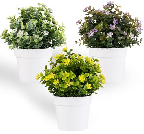 msymsyu Kunstpflanzen Wie Echt 3 Stück Künstliche Pflanzen 19cm Weiße Gelbe & Violett Plastik Pflanze im Topf für Wohnzimmer Büro Deko Pflanzen Deko Outdoor Tischdekoration