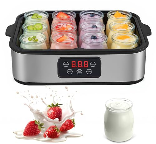 2200ml Yogurt Maker with 12 Glass Jars, LED Display, Adjustable Temp & Timer, 12 x180ml Glass Containers, Electric Yoghurt Maker Machine for Making Organic Yogurt, Natto, Healthy Homemade Desserts