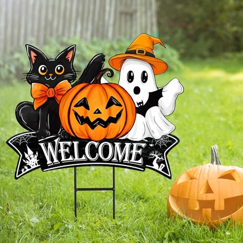 JarThenaAMCS Vintage Halloween Metal Garden Stake Pumpkin Ghost Black Cat Decorative Lawn Sign Welcome Yard Sign for Trick or Treat Party Home Outside Lawn Porch Decor
