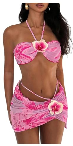 SOLY HUX Women's 3 Piece Swimsuit Floral Halter Bikini Set Beach Vacation Bathing Suit with Drawstring Cover Up Skirt Pink Floral Printed Medium