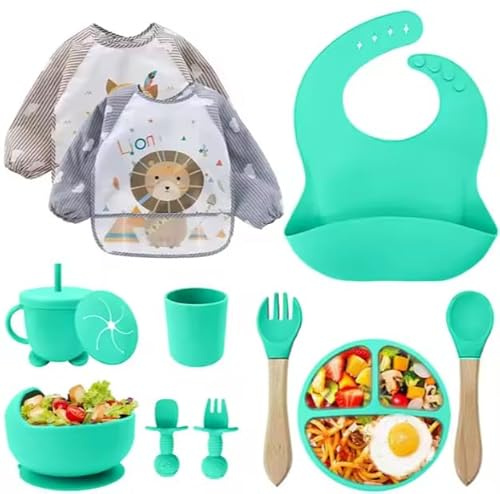 Baby diskset silikon 12 delar – BPA-fri barntallrik med sugkopp, lärandemugg med sugrör, silikonhaklapp, skål, träsked, babybestick – diskmaskin