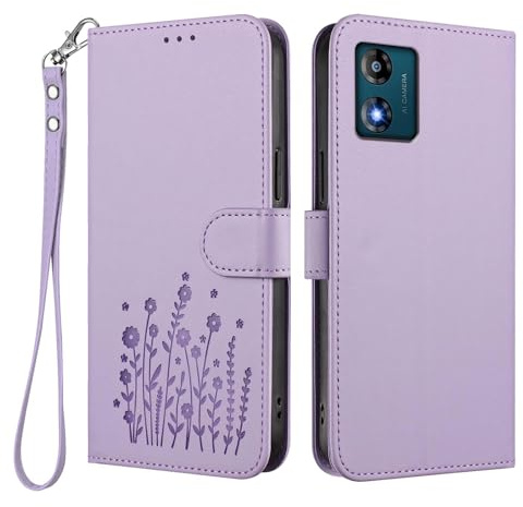 GOGME Funda para Motorola Moto E13, Carcasa de Cuero Floral con Soporte Plegable, TPU Bumper Antigolpes y Diseño Billetera - Púrpura Claro