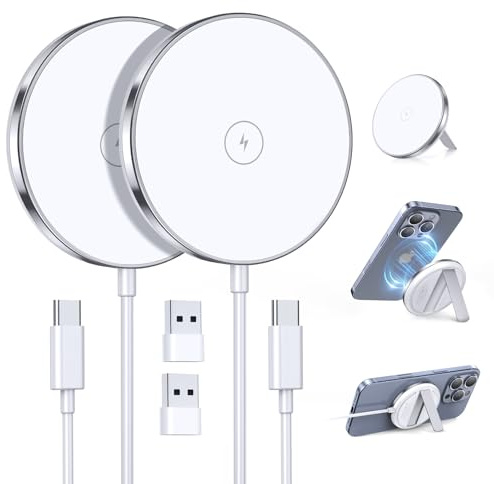 2 Pack Magnetic Wireless Charger Stand 15W Fast Portable Mag-Safe Charger Compatible with iPhone 17/16/15/14/13/12 Series iphone charger stand for AirPods 3/2/Pro 2/Pro White desk accessories